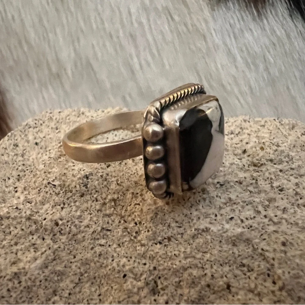 ❤️ White Buffalo Turquoise Square 925 Ring Navajo Style Matte ADJ SZ 5 to 7.5